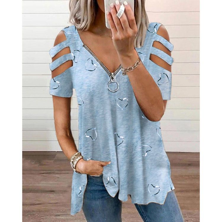 Women Summer Top V Neck Low-cut Hollow Out Short Sleeves T-shirt Match Pants Loose Plus Size Women Blouse Women Clothes