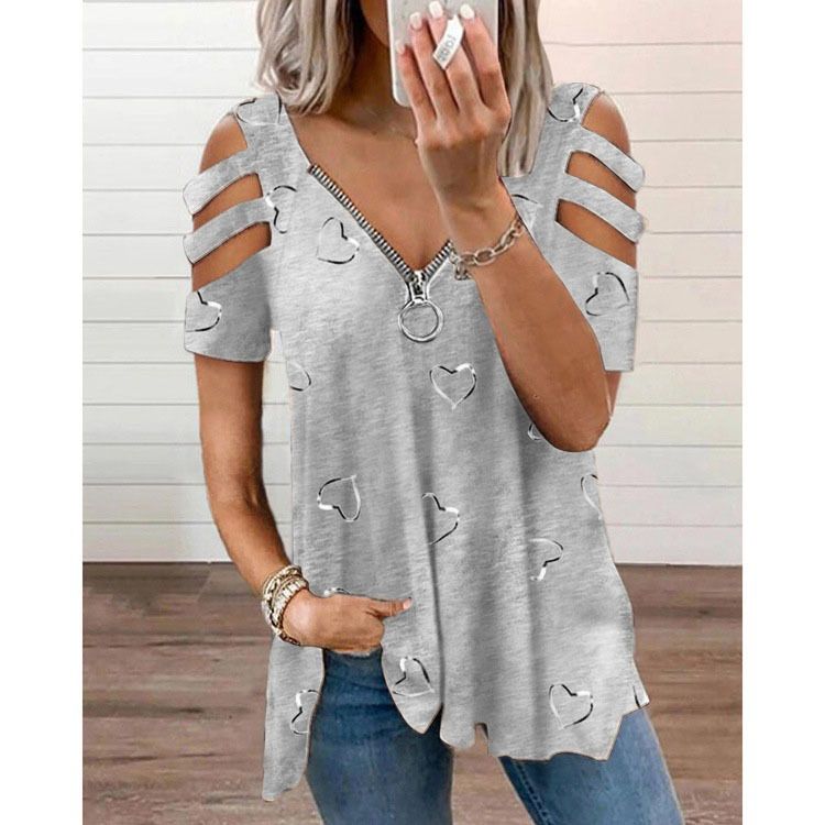 Women Summer Top V Neck Low-cut Hollow Out Short Sleeves T-shirt Match Pants Loose Plus Size Women Blouse Women Clothes