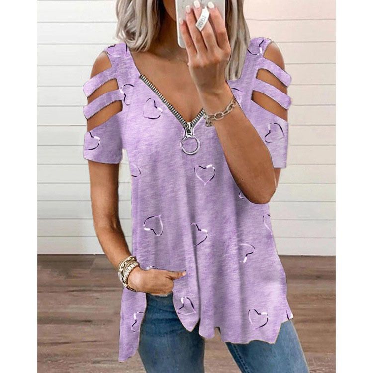 Women Summer Top V Neck Low-cut Hollow Out Short Sleeves T-shirt Match Pants Loose Plus Size Women Blouse Women Clothes