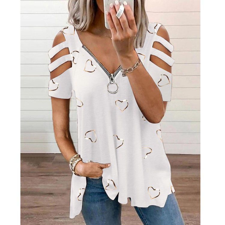 Women Summer Top V Neck Low-cut Hollow Out Short Sleeves T-shirt Match Pants Loose Plus Size Women Blouse Women Clothes