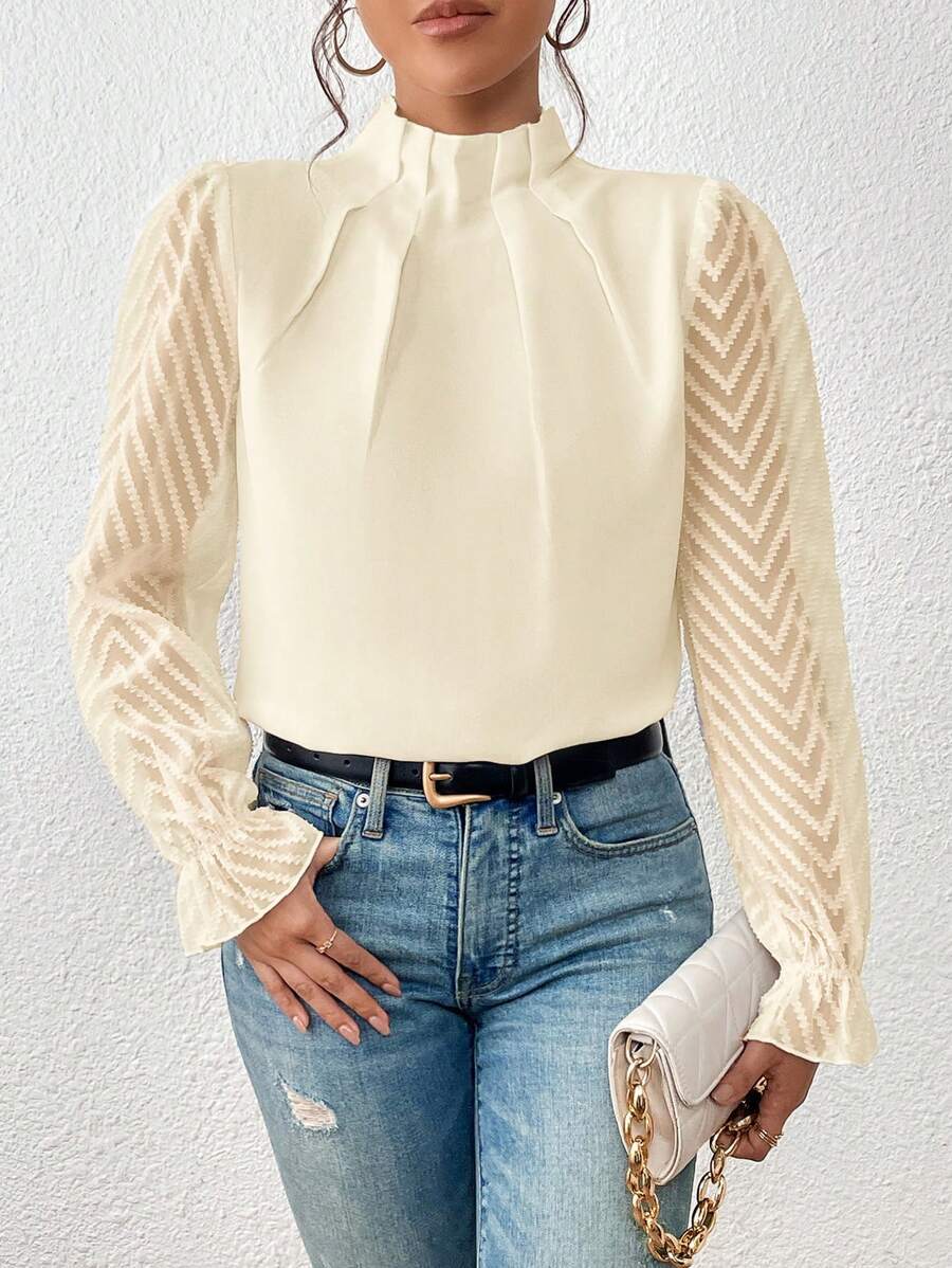 Elegant Blouse White Women's Shirt New Half High Neck Spliced Wave Pattern Chiffon Long sleeved Top Office Lady