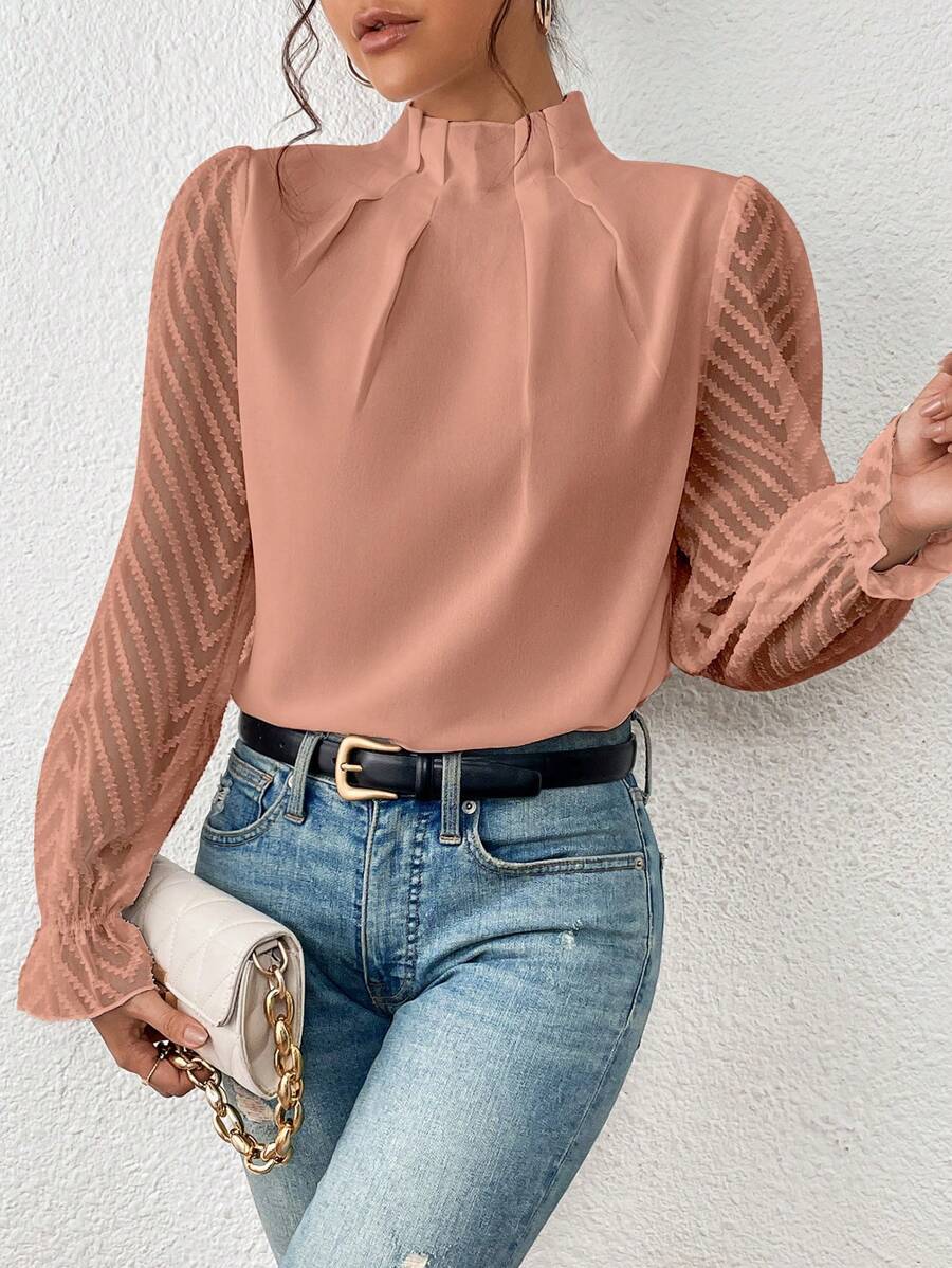 Elegant Blouse White Women's Shirt New Half High Neck Spliced Wave Pattern Chiffon Long sleeved Top Office Lady