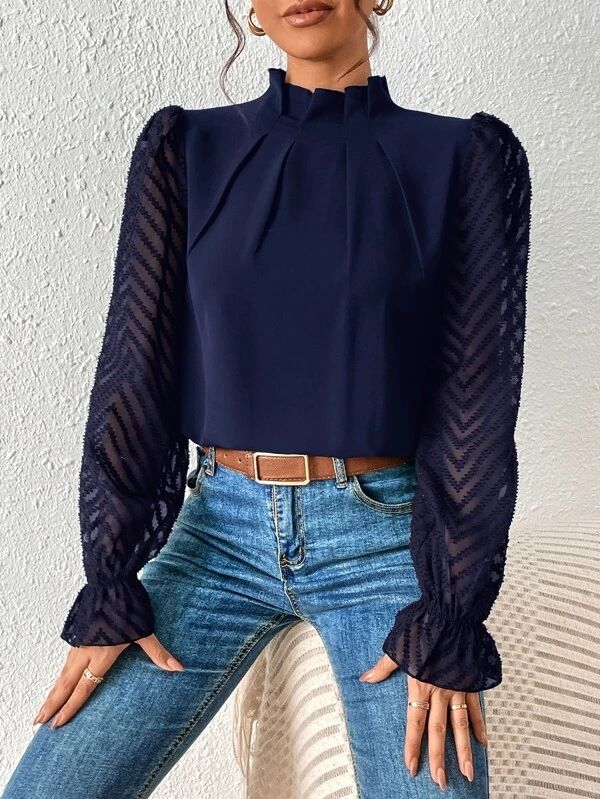 Elegant Blouse White Women's Shirt New Half High Neck Spliced Wave Pattern Chiffon Long sleeved Top Office Lady