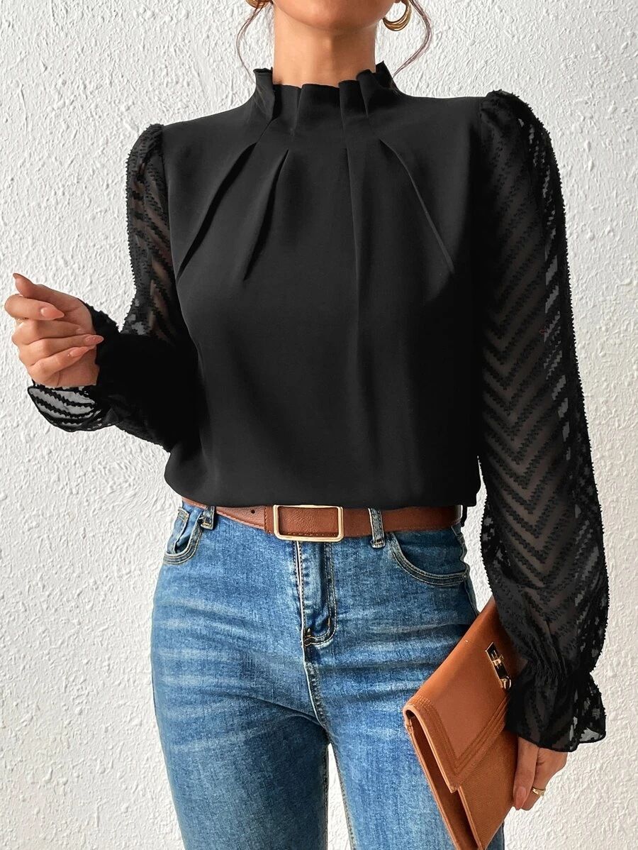 Elegant Blouse White Women's Shirt New Half High Neck Spliced Wave Pattern Chiffon Long sleeved Top Office Lady