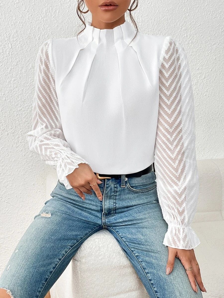 Elegant Blouse White Women's Shirt New Half High Neck Spliced Wave Pattern Chiffon Long sleeved Top Office Lady