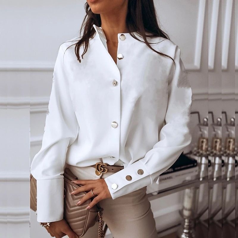 Long Sleeve Stand Collar Office Lady Tops Button Up Women Blouse White Casual Woman Shirt Fashion Black Loose Shirts