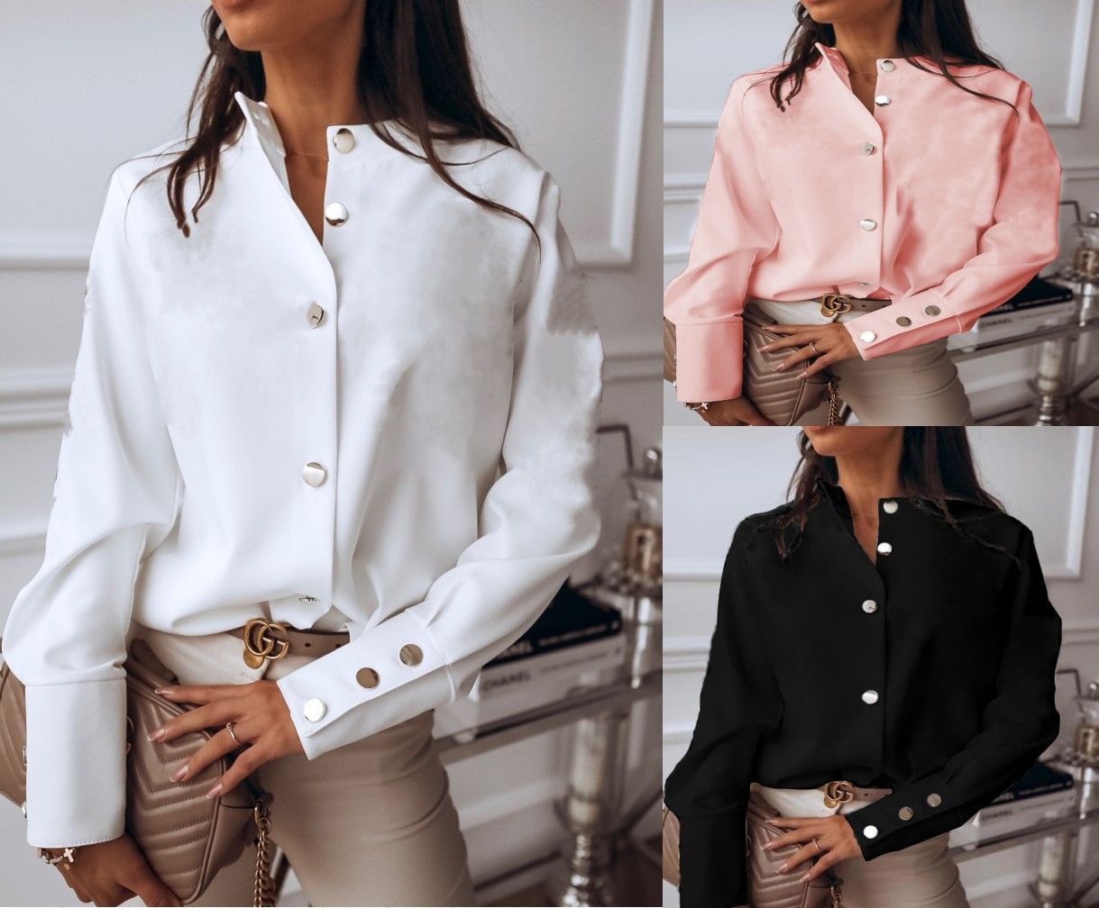 Long Sleeve Stand Collar Office Lady Tops Button Up Women Blouse White Casual Woman Shirt Fashion Black Loose Shirts