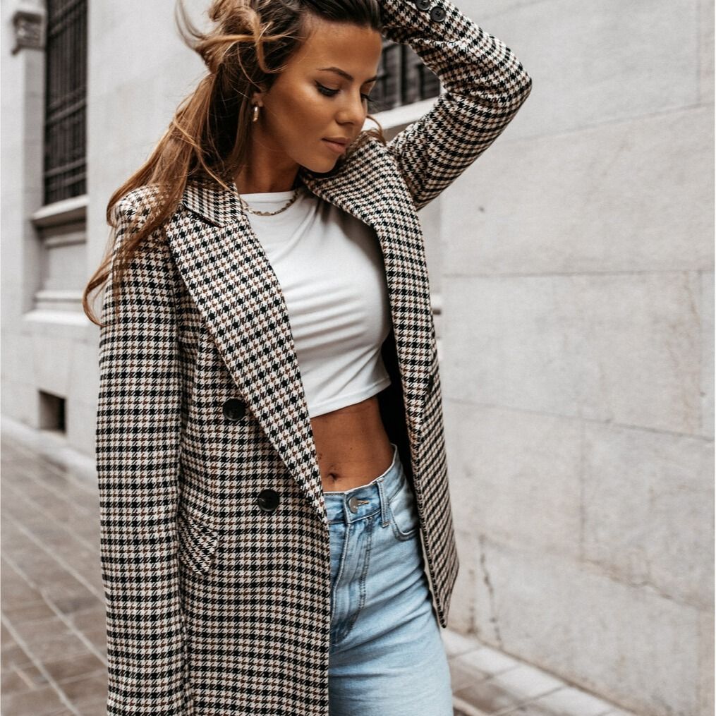 Plaid Blazer Jacket Women Spring Autumn Long Sleeve Casual Slim Blazers Khaki Woman Coats Fall Elegant Office Suit Coat