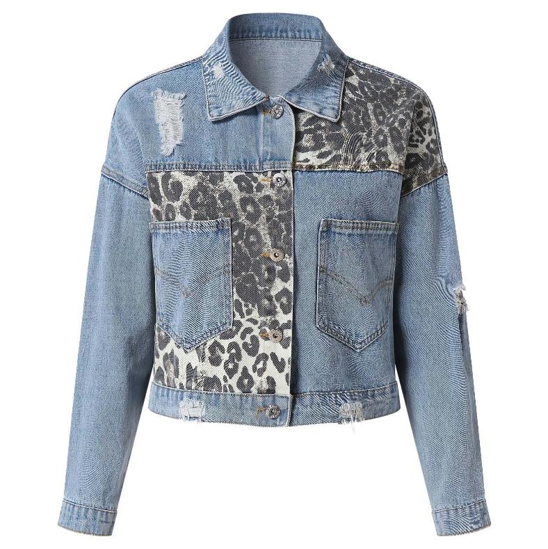 Ladies Leopard Print Patchwork Jean Jacket Temperament Long Sleeves Single Breasted Short Loose Coat Sexy Korean Winter Outer