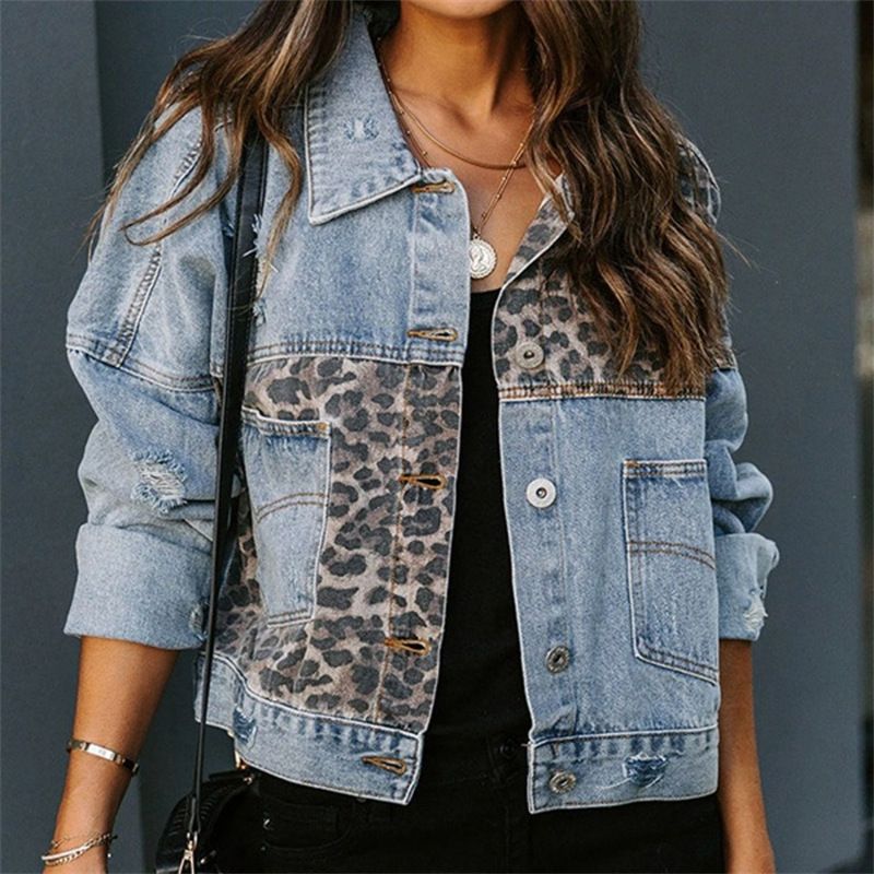 Ladies Leopard Print Patchwork Jean Jacket Temperament Long Sleeves Single Breasted Short Loose Coat Sexy Korean Winter Outer