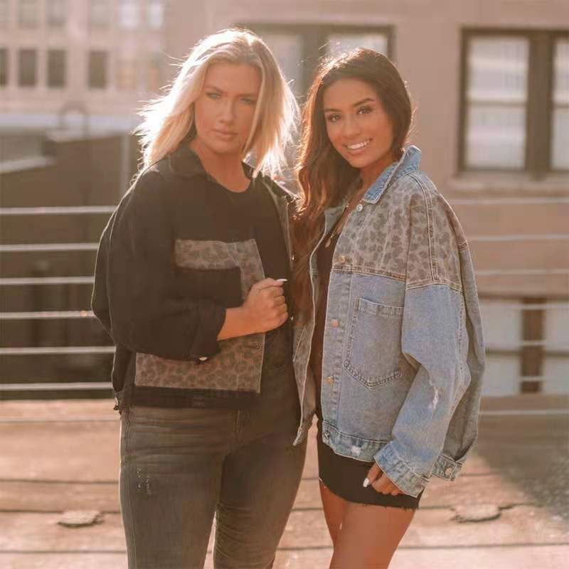 Ladies Leopard Print Patchwork Jean Jacket Temperament Long Sleeves Single Breasted Short Loose Coat Sexy Korean Winter Outer