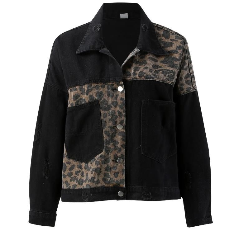 Ladies Leopard Print Patchwork Jean Jacket Temperament Long Sleeves Single Breasted Short Loose Coat Sexy Korean Winter Outer