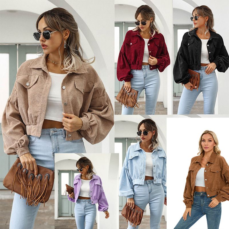 Fashion Spring Jackets for Women Lantern Sleeve Cropped baby Jacket overlay Vintage Corduroy Autumn Female Short Coat