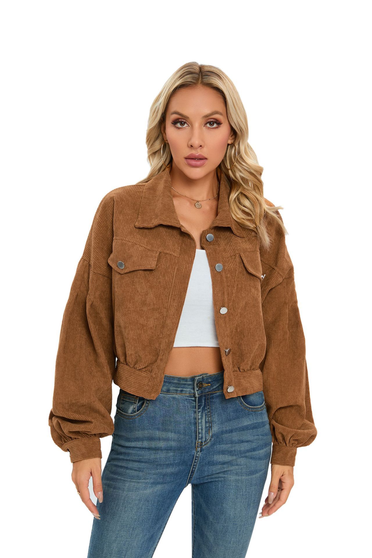 Fashion Spring Jackets for Women Lantern Sleeve Cropped baby Jacket overlay Vintage Corduroy Autumn Female Short Coat