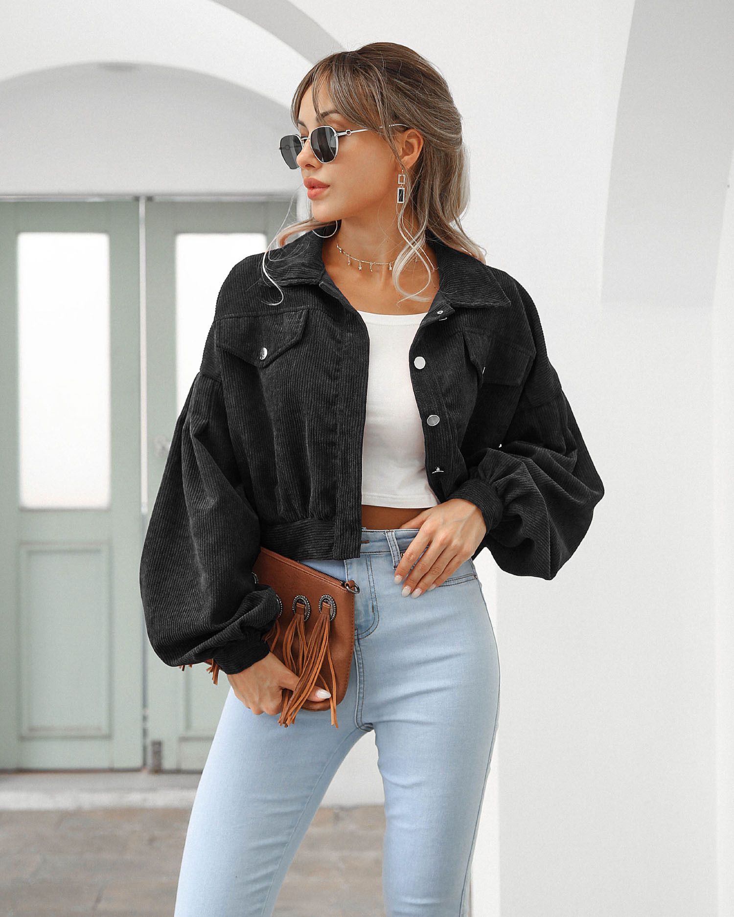 Fashion Spring Jackets for Women Lantern Sleeve Cropped baby Jacket overlay Vintage Corduroy Autumn Female Short Coat