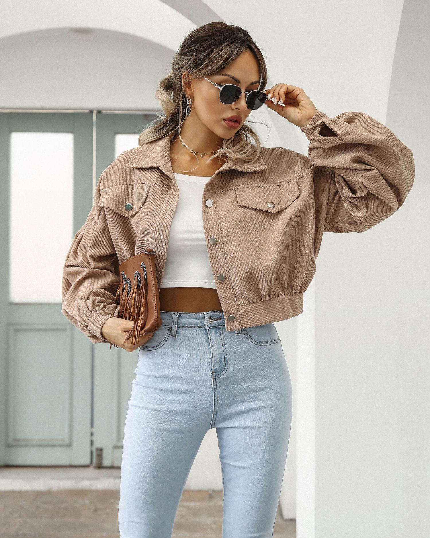 Fashion Spring Jackets for Women Lantern Sleeve Cropped baby Jacket overlay Vintage Corduroy Autumn Female Short Coat