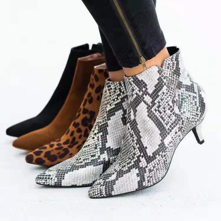 NEW Women's Ankle Boots Leopard Women Pointed Toe Ladies Chunky High heel Female Shoes Woman Footwear Snake