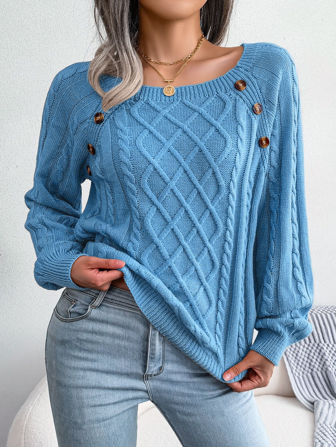 Women Casual Square Collar Buttons Long Sleeve Knitted Pullovers And Sweaters For Autumn Winter