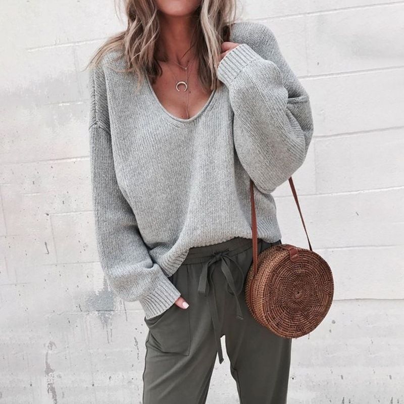 Spring Knitting Women's Sweater Black V-neck Long Sleeve Casual Loose Sweaters Female Winter Elegant Trendy Ladies Clothes