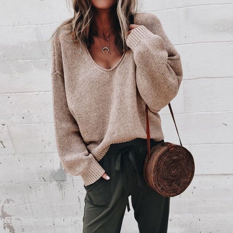 Spring Knitting Women's Sweater Black V-neck Long Sleeve Casual Loose Sweaters Female Winter Elegant Trendy Ladies Clothes
