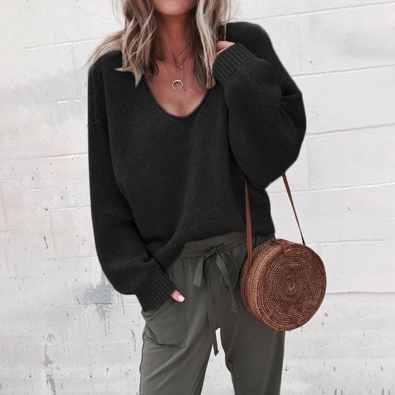 Spring Knitting Women's Sweater Black V-neck Long Sleeve Casual Loose Sweaters Female Winter Elegant Trendy Ladies Clothes