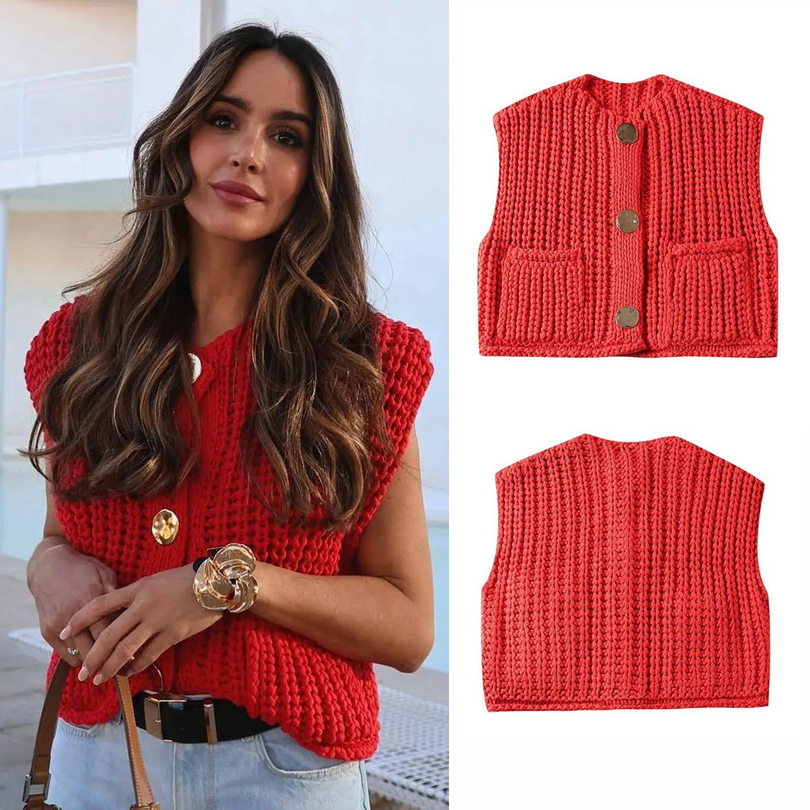 Casual Solid Knitted Cropped Top Women Single Breasted O-Neck Sleeveless Sweater Vest Cardigans Female Summer Street Tops