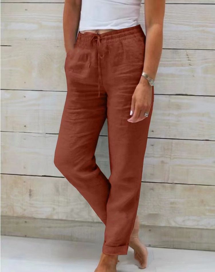 Cotton Linen Summer Pants for Women High Waist Elastic Casual Trousers Streetwear Solid Female Clothes Loose Pencil Pants