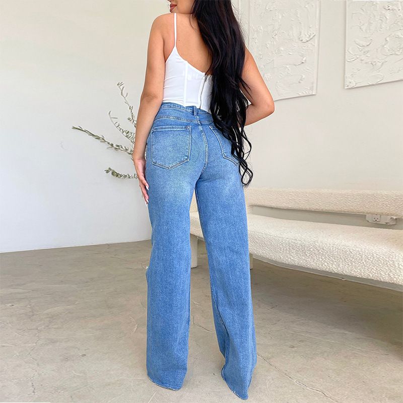 Women Jeans Wide Leg Pants Denim High Waist Zipper Fly Washing Holes Pockets High Street Ankle Length Flash Spring