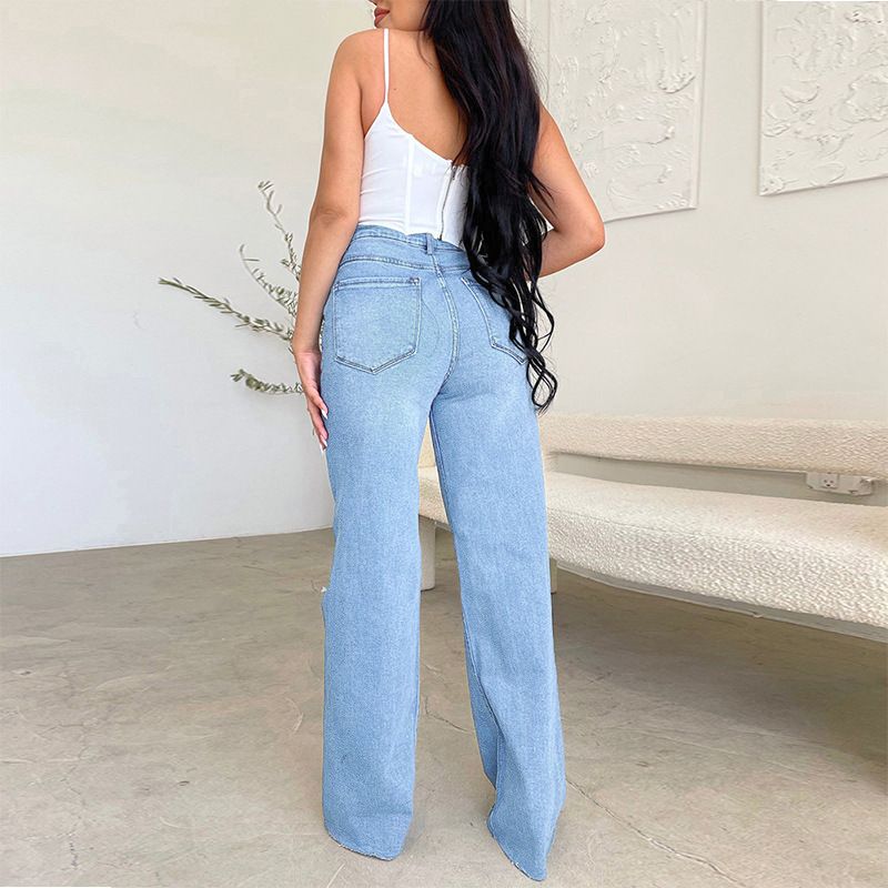 Women Jeans Wide Leg Pants Denim High Waist Zipper Fly Washing Holes Pockets High Street Ankle Length Flash Spring