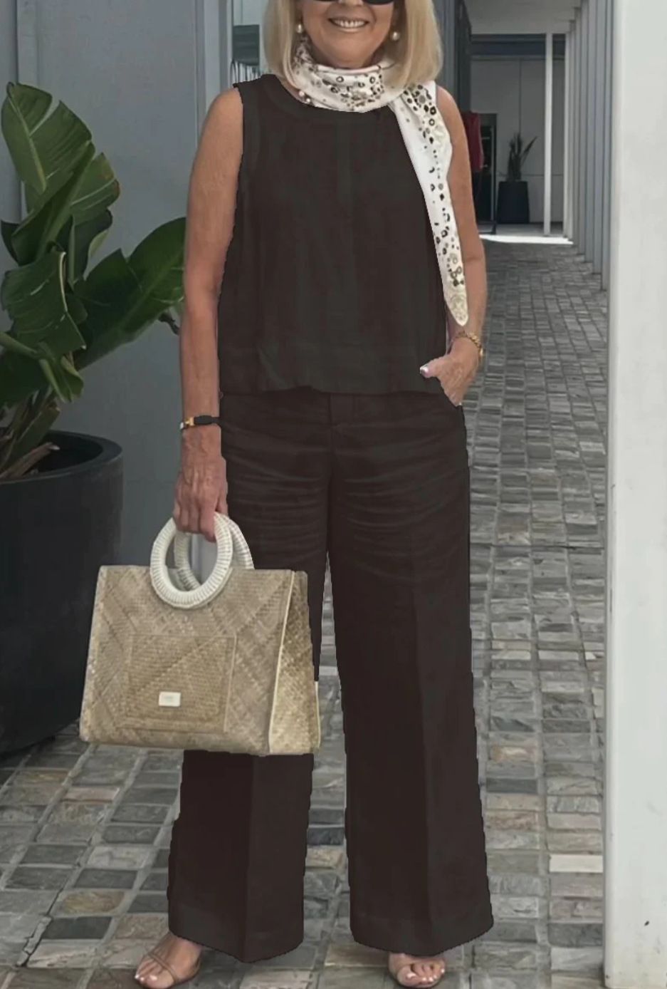 Simple Cotton Linen Women's Suits Summer Fashion Sleeveless Loose Blouse Wide Leg Pants Two Piece Set For Women Casual Outfits