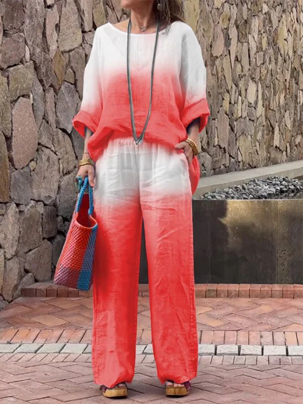 Gradient Cotton And Linen 2 Piece Sets Women Outfit For Women Summer Fashion Pocket Pant Sets Casual Loose Pullover Shirt Suit