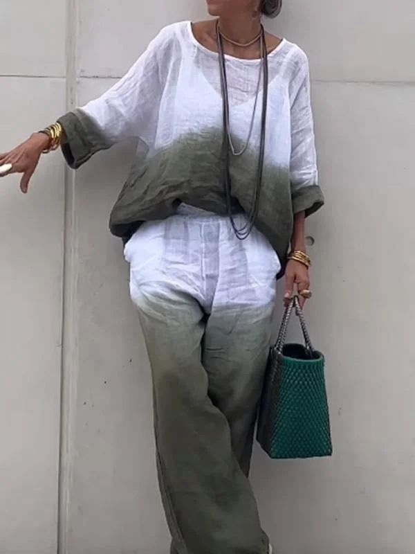 Gradient Cotton And Linen 2 Piece Sets Women Outfit For Women Summer Fashion Pocket Pant Sets Casual Loose Pullover Shirt Suit