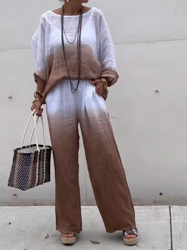 Gradient Cotton And Linen 2 Piece Sets Women Outfit For Women Summer Fashion Pocket Pant Sets Casual Loose Pullover Shirt Suit