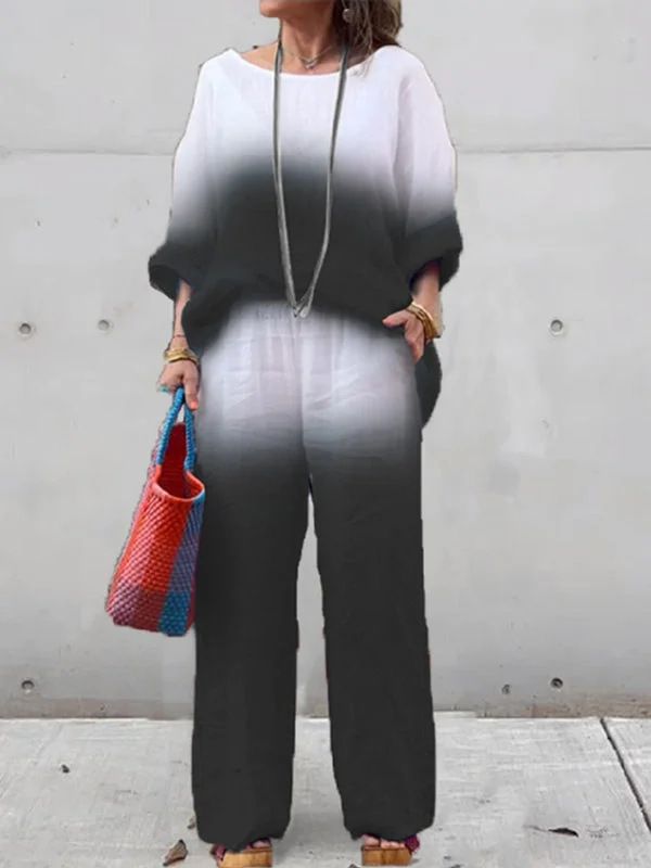 Gradient Cotton And Linen 2 Piece Sets Women Outfit For Women Summer Fashion Pocket Pant Sets Casual Loose Pullover Shirt Suit