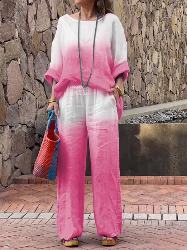 Gradient Cotton And Linen 2 Piece Sets Women Outfit For Women Summer Fashion Pocket Pant Sets Casual Loose Pullover Shirt Suit