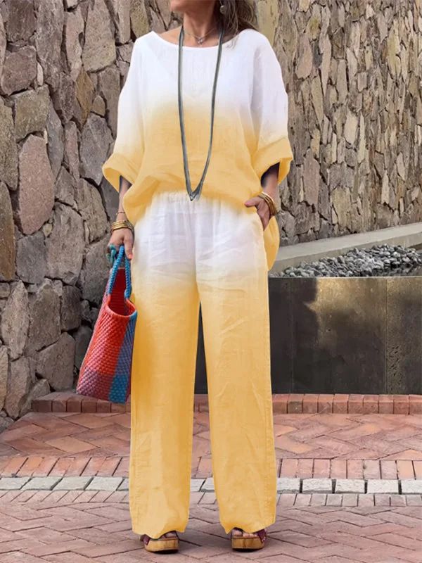Gradient Cotton And Linen 2 Piece Sets Women Outfit For Women Summer Fashion Pocket Pant Sets Casual Loose Pullover Shirt Suit