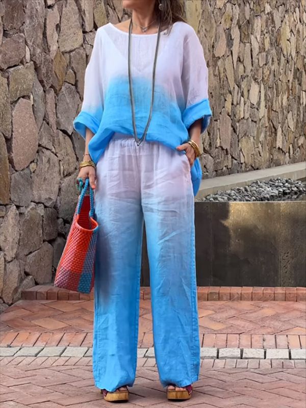 Gradient Cotton And Linen 2 Piece Sets Women Outfit For Women Summer Fashion Pocket Pant Sets Casual Loose Pullover Shirt Suit