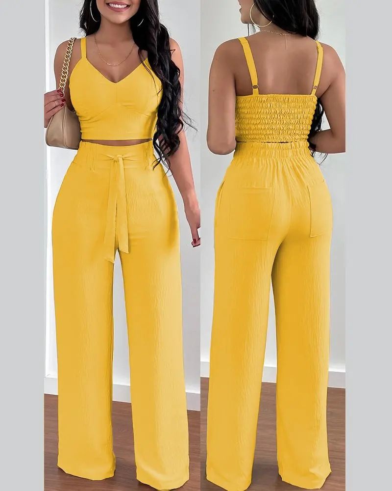 Summer New Women's Fashion Solid Color Printing Sling Top Trousers Two-Piece Suit Clothes Set