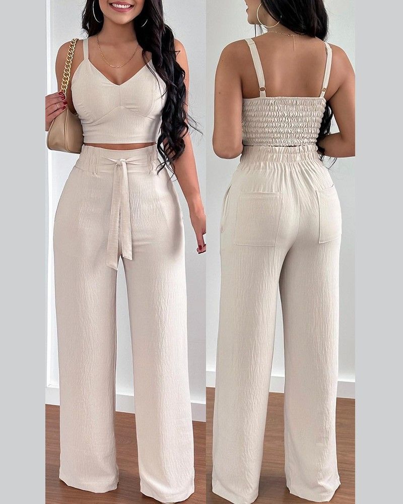 Summer New Women's Fashion Solid Color Printing Sling Top Trousers Two-Piece Suit Clothes Set