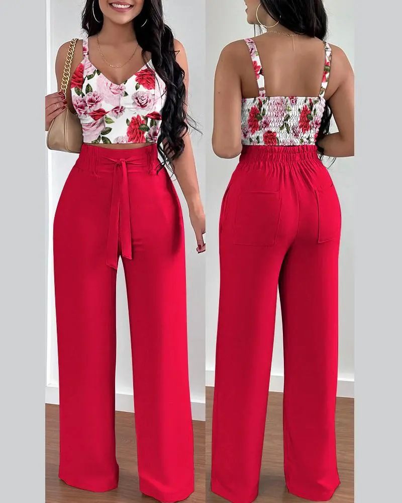 Summer New Women's Fashion Solid Color Printing Sling Top Trousers Two-Piece Suit Clothes Set