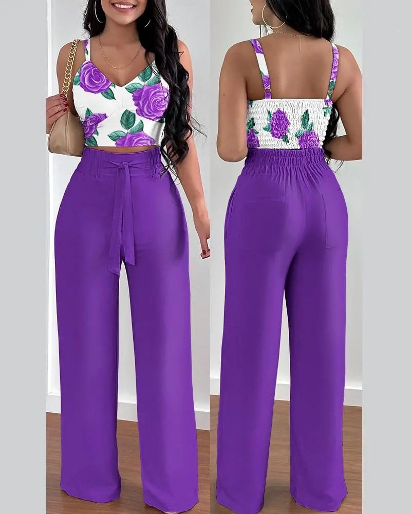 Summer New Women's Fashion Solid Color Printing Sling Top Trousers Two-Piece Suit Clothes Set