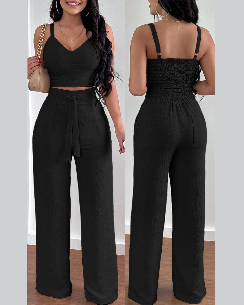 Summer New Women's Fashion Solid Color Printing Sling Top Trousers Two-Piece Suit Clothes Set