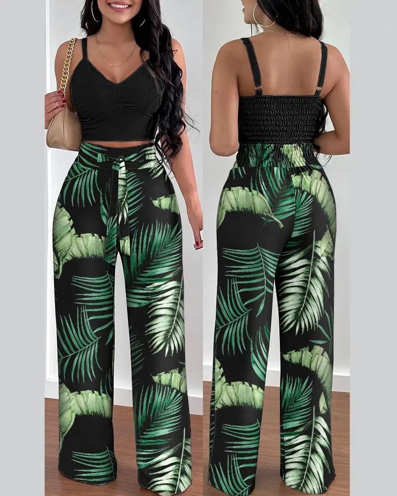 Summer New Women's Fashion Solid Color Printing Sling Top Trousers Two-Piece Suit Clothes Set