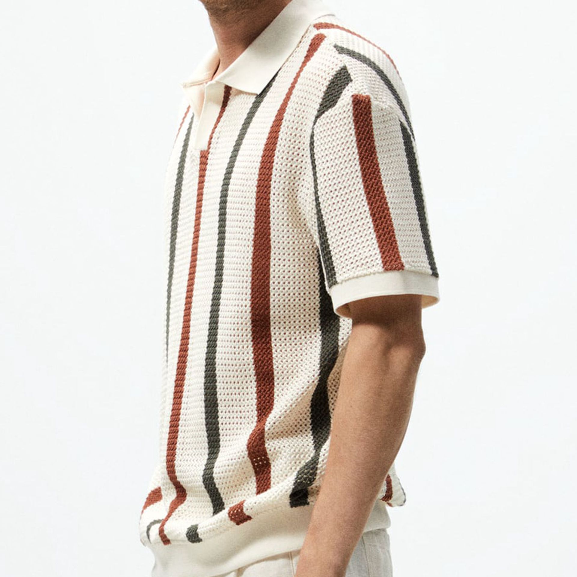 Sexy Hollow Men's Knitted Polo Shirt T-shirt Hollow Breathable Knitted T-shirt Top Striped Color Contrast Business Casual Jumper