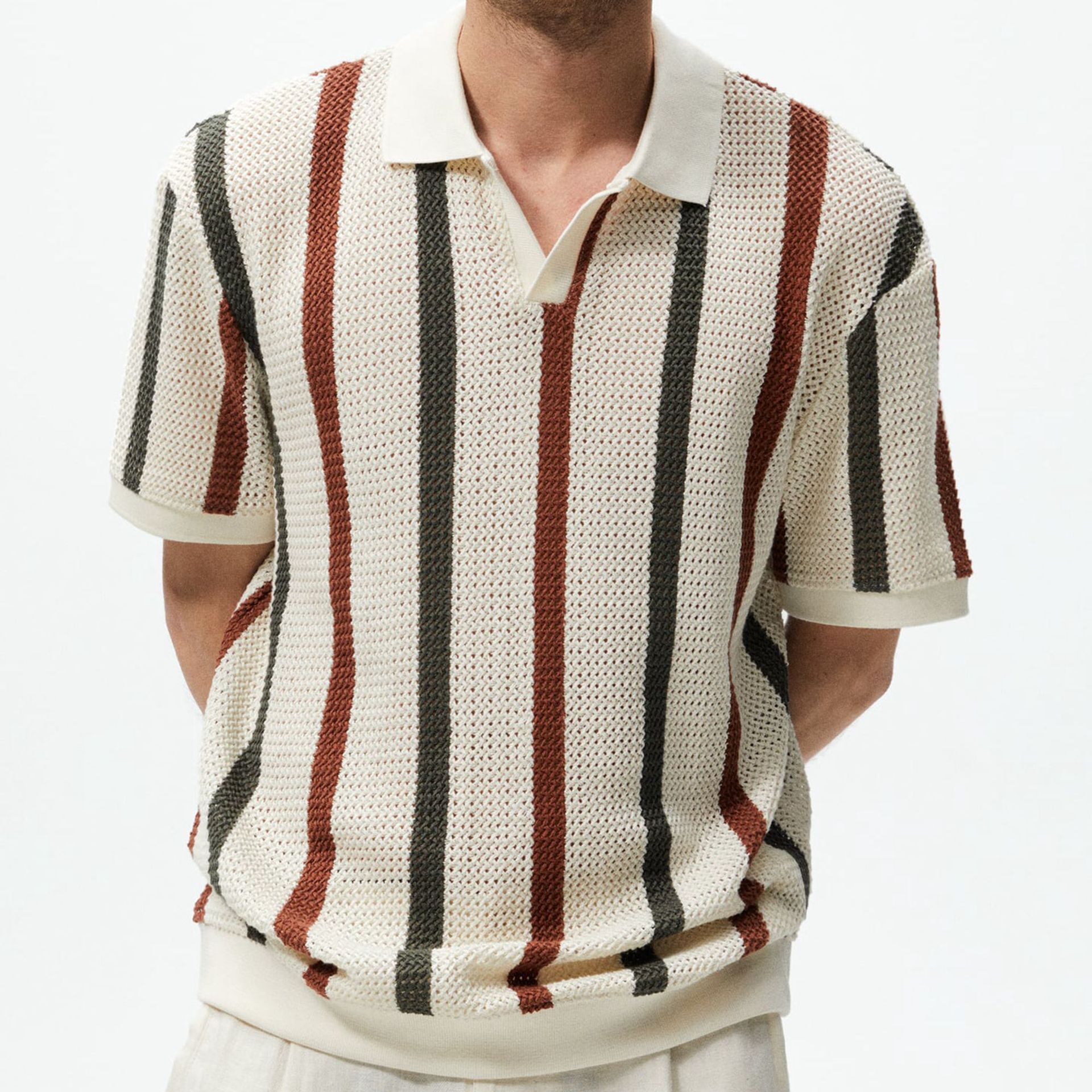 Sexy Hollow Men's Knitted Polo Shirt T-shirt Hollow Breathable Knitted T-shirt Top Striped Color Contrast Business Casual Jumper
