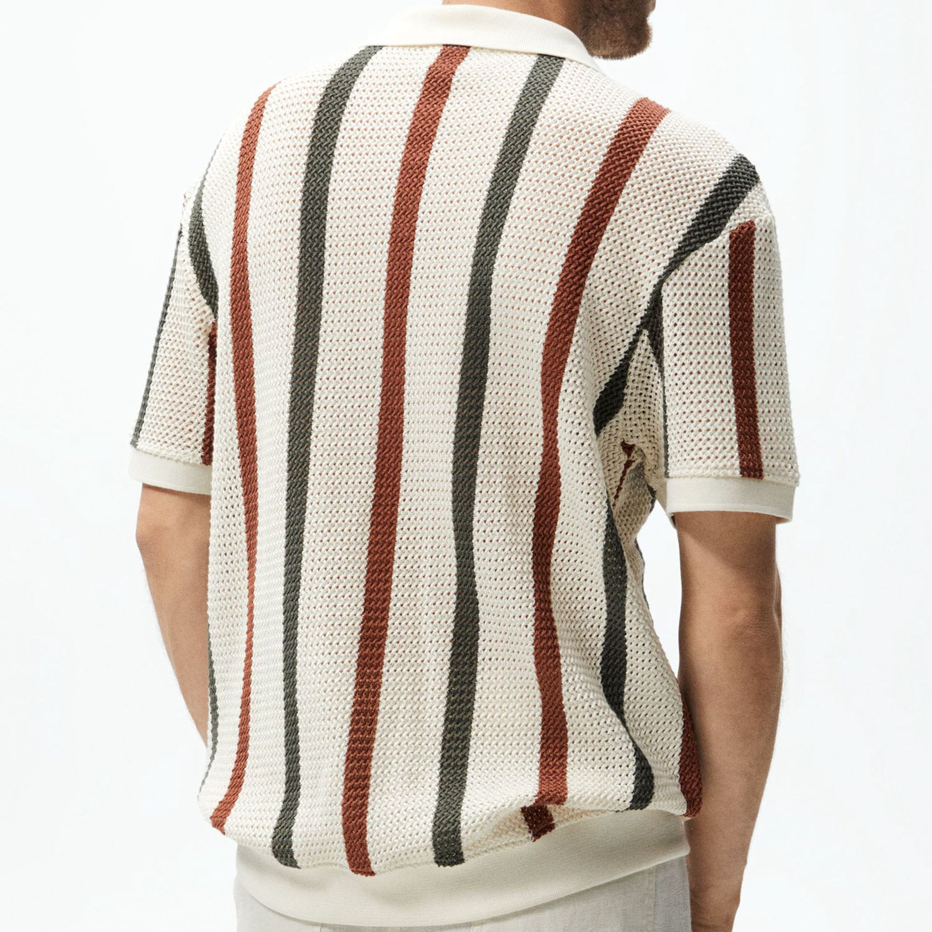 Sexy Hollow Men's Knitted Polo Shirt T-shirt Hollow Breathable Knitted T-shirt Top Striped Color Contrast Business Casual Jumper