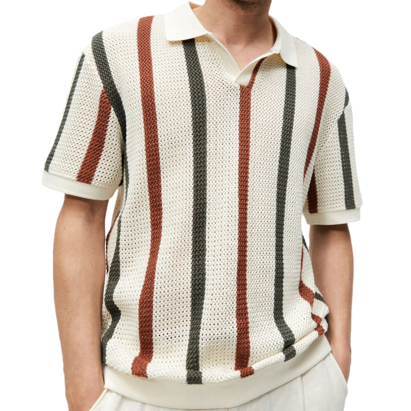 Sexy Hollow Men's Knitted Polo Shirt T-shirt Hollow Breathable Knitted T-shirt Top Striped Color Contrast Business Casual Jumper