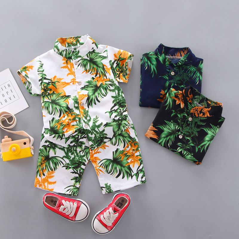 Kids Clothes Summer Boys Girls Print Short Sleeved Set Children Shirt Short Sleeved Beach Style Casual Two-Piece Set Clothes