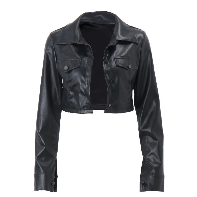 Women PU Leather Jackets Long Sleeve Button Down Crop Coats Fashion Autumn Tops Outerwear Streetwear
