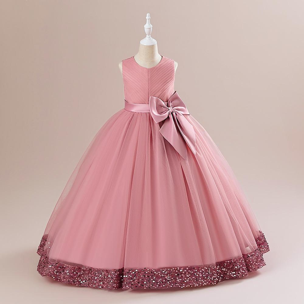 Fluffy Sequin Bridemaid Princess Girls Dress Elegant Bow Pink Wedding Prom Evening Kids Party Dresses for Girl Birthday Costumes
